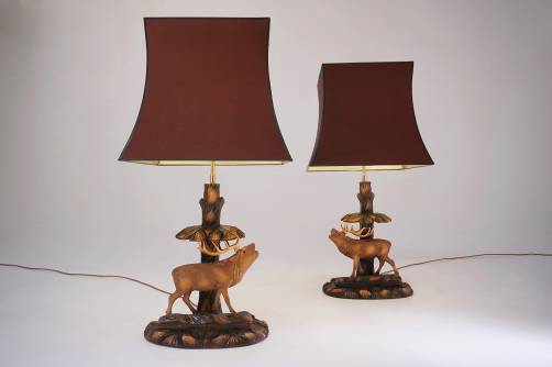 Deer lamp, a pair Black Forest carving by Rhn Sepp 1940`s, Germany